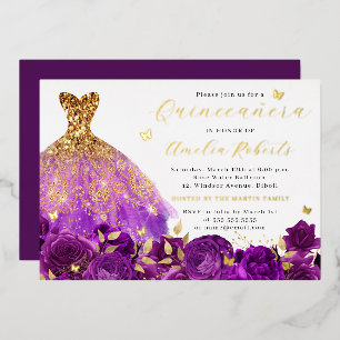 Invitation En Aluminium Robe violette Or papillon floral