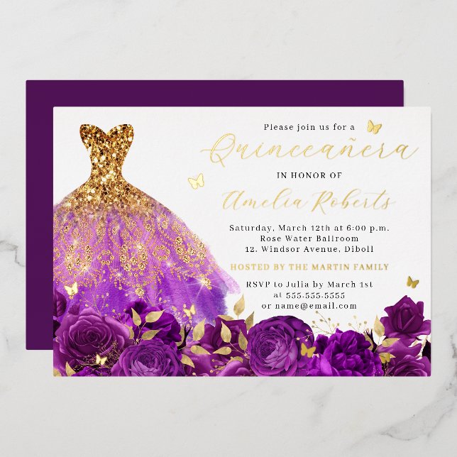 Invitation En Aluminium Robe violette Or papillon floral (Recto/Verso)