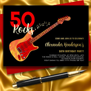 Invitation En Aluminium Rock and Roll 50e anniversaire fête Black Gold