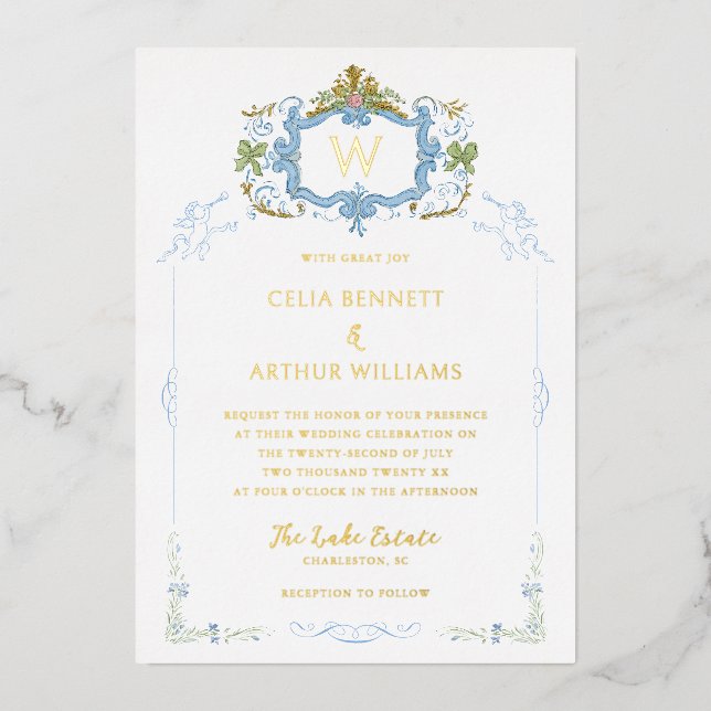 Invitation En Aluminium Rococo Blue Monogram Crest Wedding (Recto)