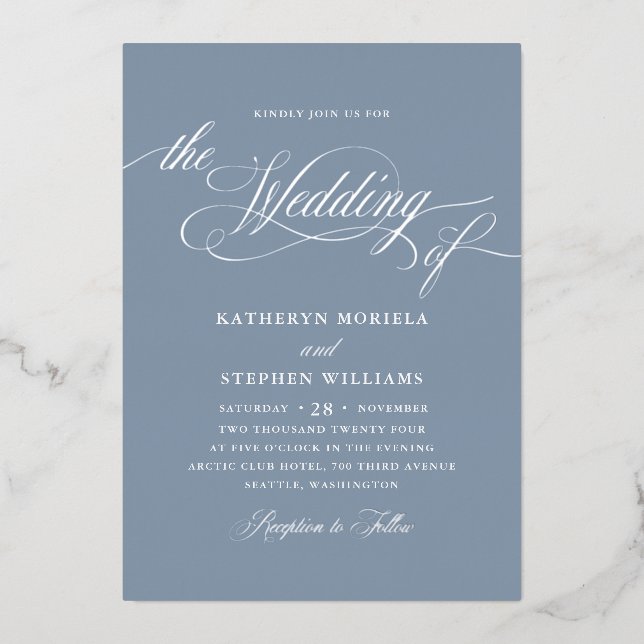 Invitation En Aluminium Roman Classic Script Calligraphie Mariage Argent (Recto)