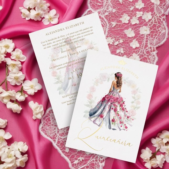 Invitation En Aluminium Romantic Crown Spanish Quinceañera Doll in  Pink  (Romantic Crown Spanish Quinceañera Doll in Pink Shades Metallic Foil Invitation.)