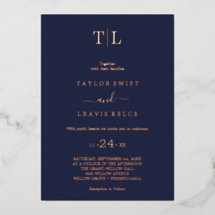 Invitation En Aluminium Romantique Gold Foil Marine Blue Monogram Mariage