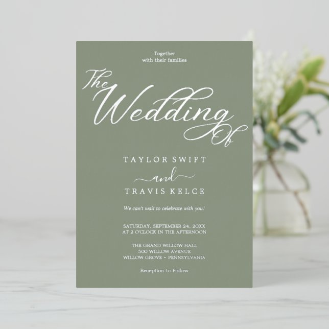 Invitation En Aluminium Romantique Gold Foil Sage Mariage vert (Debout devant)