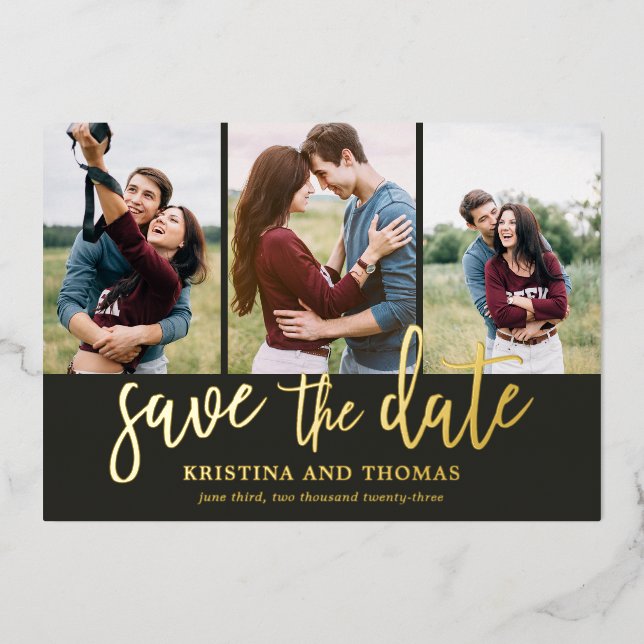 Invitation En Aluminium Romantique Script 3 Photo Collage Enregistrer La D (Recto)