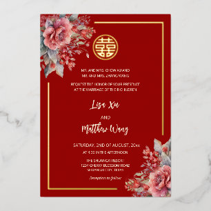 Invitation En Aluminium Rose aquarelle rouge or Mariage chinois
