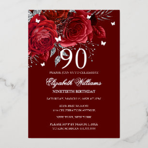 Invitation En Aluminium Rose argentée rouge Papillon Étincelant 90e Annive