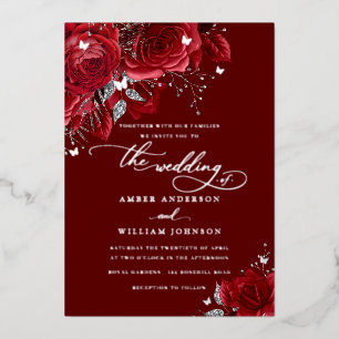 Invitation En Aluminium Rose argentée rouge papillon mariage scintillant