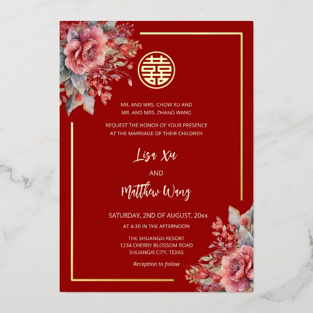 Invitation En Aluminium ROSE BILINGUES Red Gold Mariage chinois (Recto)