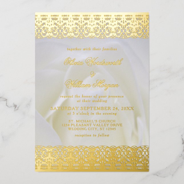Invitation En Aluminium Rose blanche Elegant Mariage de dentelle or (Recto)