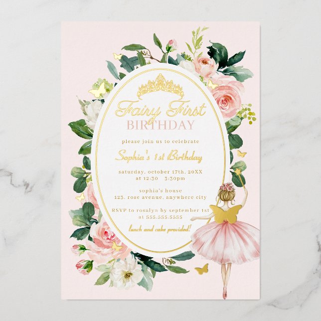 Invitation En Aluminium Rose Blush Fairy Premier Anniversaire Or (Recto)