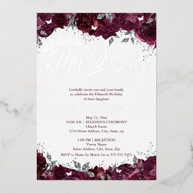 Invitation En Aluminium Rose Bourgogne Mis Quince Quinceanera (Recto)