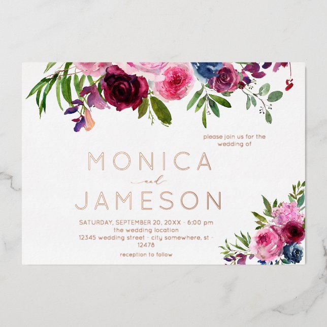 Invitation En Aluminium Rose chaud et bleu marine Mariage floral (Recto)