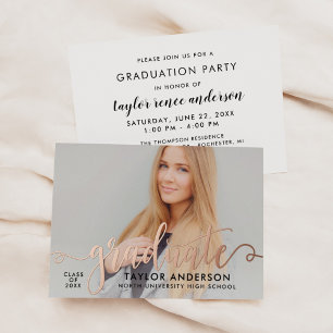 Invitation En Aluminium Rose diplômé Gold Moderne Script Graduation Photo