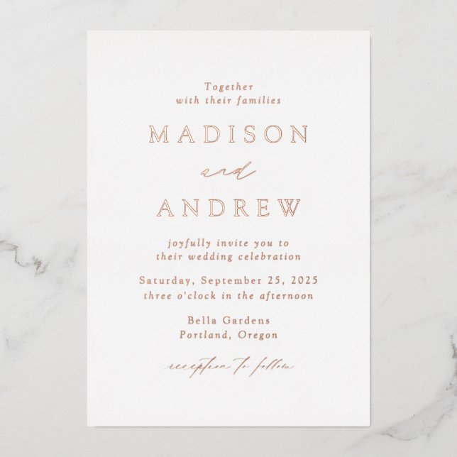 Invitation En Aluminium Rose d'or Elegance moderne Mariage (Recto)