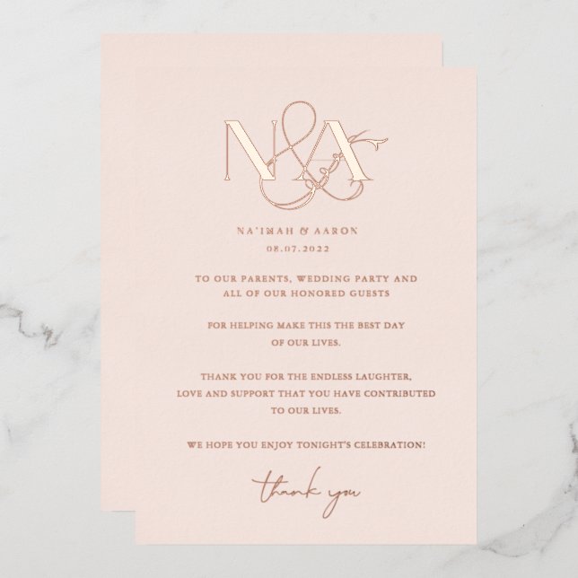 Invitation En Aluminium Rose Doré | Merci de table Mariage (Recto/Verso)