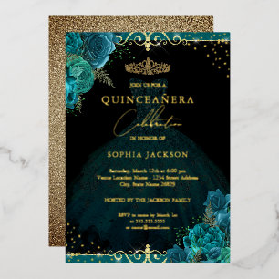 Invitation En Aluminium Rose Dorée Sarcelle Élégante Quinceanera