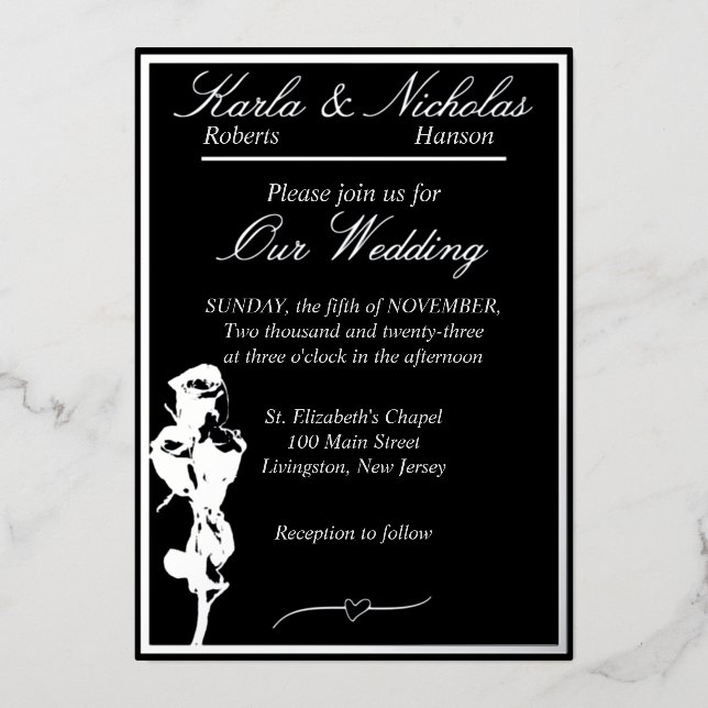 Invitation En Aluminium Rose, Élégant Mariage noir, Argent (Recto)