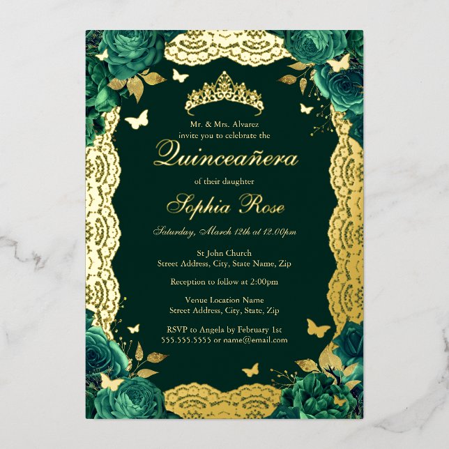 Invitation En Aluminium Rose émeraude dentelle papillon Quinceanera Annive (Recto)