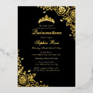 Invitation En Aluminium Rose en feuille d'or Quinceanera anniversaire noir