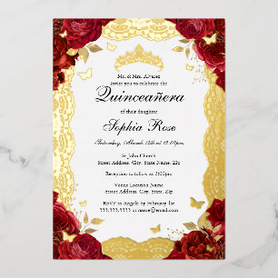 Invitation En Aluminium Rose en or rouge dentelle papillon Quinceanera Ann