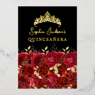 Invitation En Aluminium Rose Fleurie Rouge Or Quinceanera