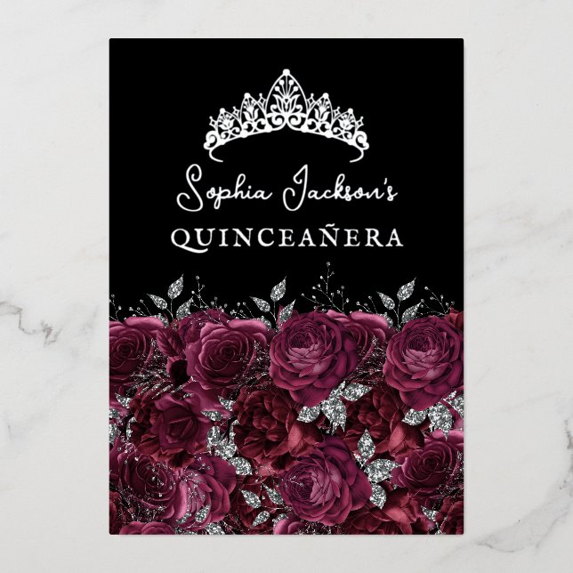 Invitation En Aluminium Rose floral argenté de Bourgogne Quinceanera (Recto)