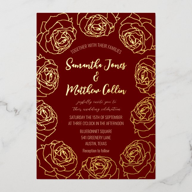 Invitation En Aluminium Rose Floral Boho Bourgogne Pink Gold Foil Mariage (Recto)