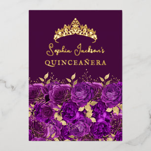 Invitation En Aluminium Rose Floral d'or violet Quinceanera