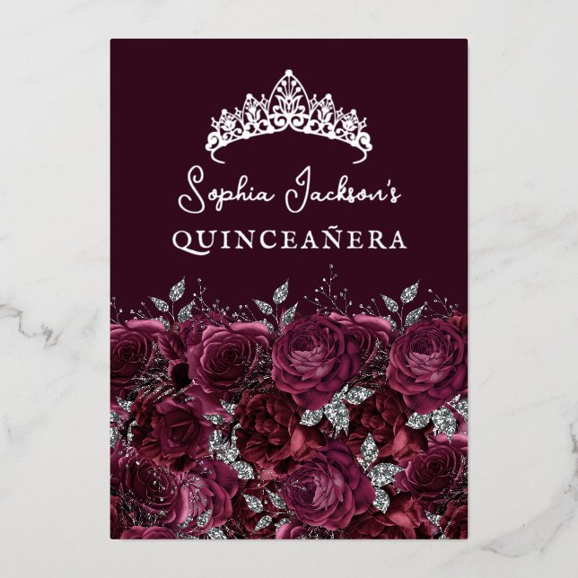 Invitation En Aluminium Rose floral en Bourgogne argenté Quinceanera (Recto)