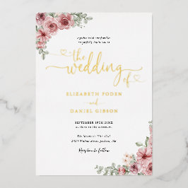 Invitation En Aluminium Rose Floral Mariage Coeurs Script Gold