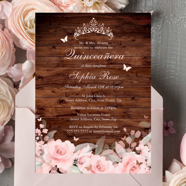 Invitation En Aluminium Rose floral rustique Beurre d'or Quinceanera (Créateur téléchargé)