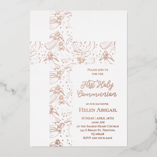 Invitation En Aluminium rose gold angels pattern cross First Communion (Recto)