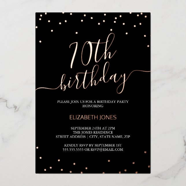 Invitation En Aluminium Rose Gold Black Calligraphie Confetti 70e annivers (Recto)