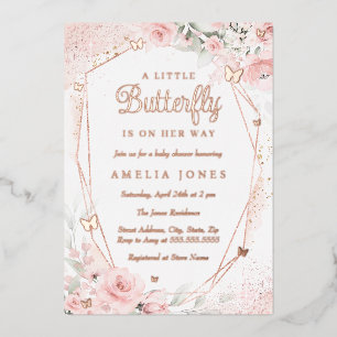 Invitation En Aluminium Rose Gold Blush Papillon Floral Fête de Naissance