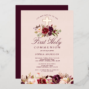 Invitation En Aluminium Rose Gold Bourgogne Croix Fille Première Communio
