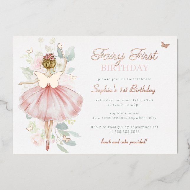 Invitation En Aluminium Rose Gold Butterfly Fairy Premier 1er anniversaire (Recto)