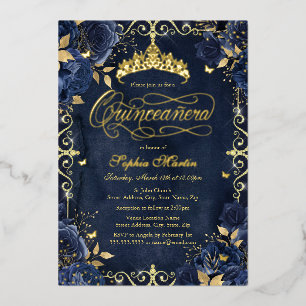 Invitation En Aluminium Rose Gold Butterfly Royal Navy Quinceanera