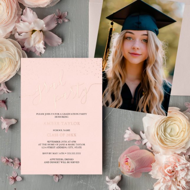 Invitation En Aluminium Rose Gold Confetti Photo Graduation Party (Créateur téléchargé)