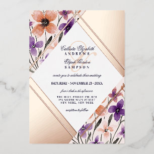 Invitation En Aluminium Rose Gold Corail Violet Fleur Aquarelle Mariage