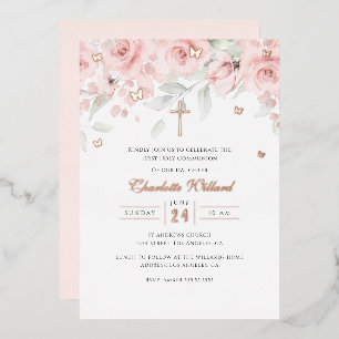 Invitation En Aluminium Rose Gold Croix Papillon Fille Première Communion