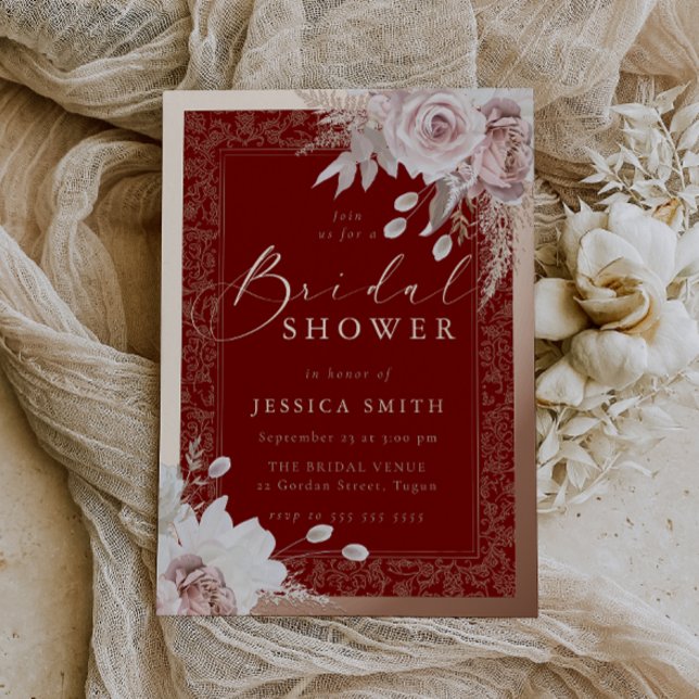 Invitation En Aluminium Rose Gold, Deep Red & Blush Floral Bridal Shower (Créateur téléchargé)