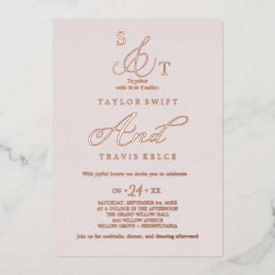 Invitation En Aluminium Rose Gold Délicate Feuille   Mariage Monogramme Ro
