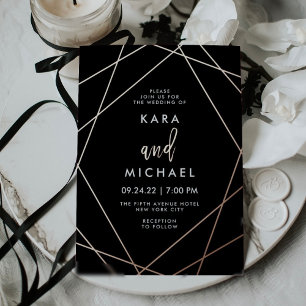 Invitation En Aluminium Rose Gold et Mariage Géométrique Élégant Noir