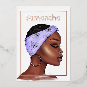 Invitation En Aluminium Rose Gold et violet Afro fête d'anniversaire