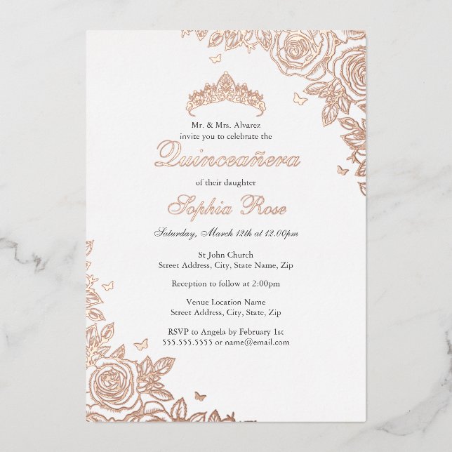 Invitation En Aluminium Rose Gold Floral Quinceanera Anniversaire  (Recto)
