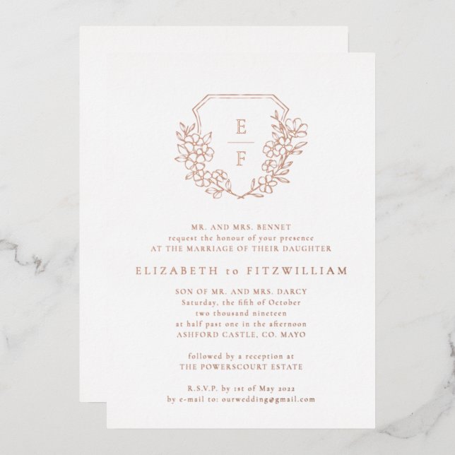 Invitation En Aluminium Rose Gold Foil Cherry Blossom Monogram Crest (Recto/Verso)