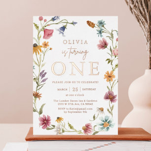 Invitation En Aluminium Rose Gold Foil Fleur sauvage Thème Fille 1er anniv