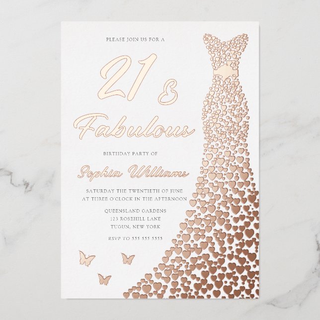 Invitation En Aluminium Rose Gold Foil Gown 21e fête d'anniversaire (Recto)