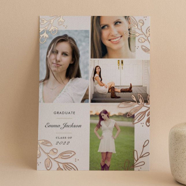 Invitation En Aluminium Rose Gold Foil Leaves Grad Photo Announcement (Créateur téléchargé)